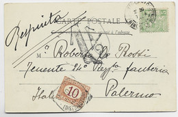 MONACO 5C SOLO CARTE MONTE CARLO 1903 POUR ITALIA PALERMA TAXE 10C + 1 1/2 - Brieven En Documenten