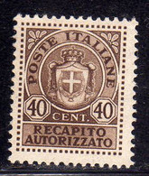 ITALIA REGNO ITALY KINGDOM 1945 LUOGOTENENZA RECAPITO AUTORIZZATO POSTALE CENT. 40c MNH - Recapito Autorizzato