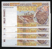 1000F CFA 2002 4 Billets Numéros Consécutifs - CÔTE D'IVOIRE - Costa D'Avorio