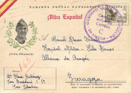 Tarjeta Patriótica Circulada De San Sebastián A Alhama De Aragón (Zaragoza), Al Hospitalar Militar. El 25/1/39. Muy Boni - Marques De Censures Nationalistes