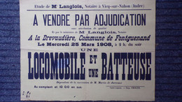 36-VICQ SUR NAHON-RARE AFFICHE VENTE  1908- DREVAUDIERE FONTGUENAND-LOCOMOBILE -BATTEUSE-MARTIN DE JARTRAUX-FROGER - Manifesti