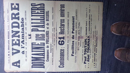 36-POULAINES- BUXEUIL--RARE AFFICHE VENTE DOMAINE DES PALLIERS-TROUARD RIOLLE NOTAIRE-1923-TOUTAIN CHABRIS- TOURNAY - Afiches