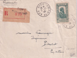 1943 - YVERT 592 RARE SEUL SUR LETTRE RECOMMANDEE De RIOM (PUY DE DOME) - Cartas & Documentos