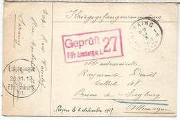BELGICA SERAING 1917 POW WW1 CON CENSURA LIMBURG PRISIONEROS DE GUERRA - Storia Postale