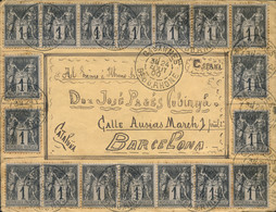 FRANCIA. Tarjeta Circulada De Cabannes A Barcelona, El Año 1900. Franqueada Con 25 Sellos De 1 Ct. - Storia Postale