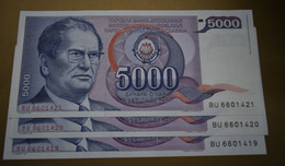 Banknotes  Yugoslavia 5000 Dinara 1985  3 Serial Numbers In Ascending Order EF - Joegoslavië