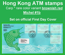 Hong Kong China ATM Stamps, 1986, Crap Fish, Set On FDC, Imprint Brownish Red Instead Of Purple, RARE Frama, Hongkong - Distributeurs