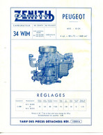 AUTOMOBILE.REGLAGES & TARIF DES PIECES DETACHÉES DU CARBURATEUR " ZENITH " POUR PEUGEOT 403. 8 CV. - Non Classés