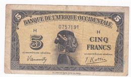 Banque De L'Afrique Occidentale 5 Francs 1942 Alphabet H N° 0757191 Pick 28 - Westafrikanischer Staaten