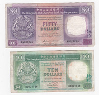 Hong Kong 2 Billets De 50 Dollars 1990 Et 10 Dollars 1990, Ayant Circulé - Hong Kong