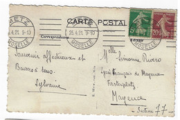 METZ Moselle Carte Postale Semeuse 20c Brun 5c Vert Yv 137 139 Ob 25 4 1921 Meca Sylbe Et Pondorf Dreyfus MET111 - Oblitérations Mécaniques (Autres)