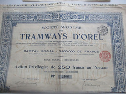 Tramways D'Orel - Bruxelles - Action Privilégiée De 250 Francs Au Porteur - Capital 2 000 000  - 1905 - Trasporti