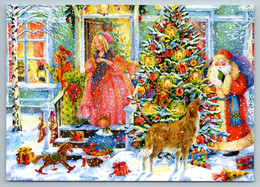 LITTLE GIRLS And Ded Moroz Santa Christmas Eve BORZOI Dog Dolls New Postcard - Zonder Classificatie