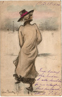 CPA PRECURSEUR DESSIN HENRI BOUTET - GRANDE FEMME MINCE EN MANTEAU ET CHAPEAU VUE DE DOS 1901 - Boutet