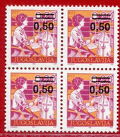 YUGOSLAVIA 1990 Surcharge 0.50 On 2 D. Perforated 12½ Block Of 4  MNH / **.  Michel 2437C - Unused Stamps