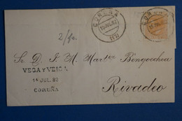 AK11 ESPAGNE  BELLE LETTRE 1882  CORUNA POUR RIVADEO + AFFRANCH. PLAISANT - - Covers & Documents