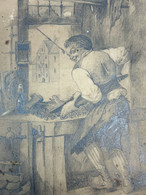 Dessin Ancien XIXe Sabotier Dans Son Atelier - Drawings