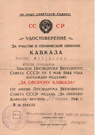 DIPLOME BREVET MEDAILLE DEFENSE CAUCASE ARMEE ROUGE GUERRE PATRIOTIQUE 1944 URSS STALINE - Dokumente