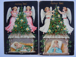 2 Cp Noël Kerstmis Crèche Nativité Kerststal Jésus Jezus Anges Glacées, Abimées Plis Circulée 1907 - Other
