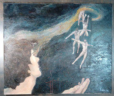 Surréalisme: Femme Avec Des Hommes Qui Sautent Dans Sa Main/ Surrealism: Woman With Men Jumping In Her Hand - Olii