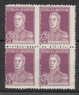 Argentina 1923 San Martin 1/2 Cent Block Of Four Displaced Perf MINT - Unused Stamps