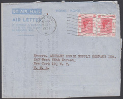 1951. HONGKONG. GEORG VI. TWENTY + TWENTY CENTS On AIR LETTER To USA. Cancelled HONG KONG 26... (Michel  147) - JF427057 - Storia Postale