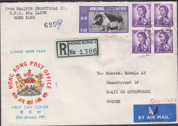1971. HONG KONG. YEAR OF THE PIG $ 1.30 + 4 Ex 10 C Elizabeth On FDC To Sweden Cancelled DAY ... (Michel 254) - JF427128 - Lettres & Documents