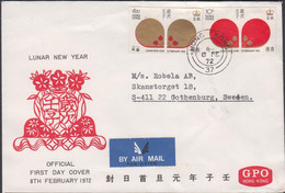 1972. HONG KONG. LUNAR NEW YEAR OF THE RAT On FDC To Sweden Cancelled DAY OF ISSUE 8 FE 7... (Michel 261-262) - JF427132 - Lettres & Documents