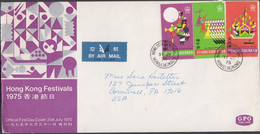 1975. HONG KONG. HONG KONG FESTIVALS On FDC To Sweden Cancelled DAY OF ISSUE 31 JY 75.  (Michel 310-312) - JF427134 - Covers & Documents