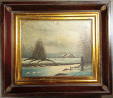 Paysage Hivernal Avec Maison Au Bord De La Rivière Et Un Chasseur/ Winter Landscape With House By The River And A Hunter - Olii