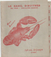 Grand Menu Souvenir à 2 Volets / Le Baril D'Huitres/ Saint Joseph / QUEBEC/Homard  /Canada :1957       MENU312 - Menu