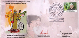 India 2020 Carried Cover Corona Warrior COVID-19 Signed By Mail Carrier Vaccination Virus Mask Coronavirus (**) Inde - Storia Postale