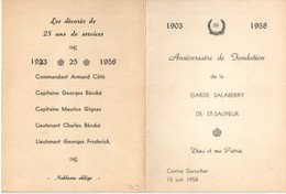 Anniversaire De Fondation De La Garde SALABERRY De SAINT-SAUVEUR/ Centre DUROCHER/1958   MENU317 - Menus