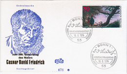 Germany Deutschland 1974 FDC Caspar David Friedrich, Painter Maler Artist, Canceled In Bonn - 1981-1990