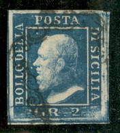 Antichi Stati Italiani - Sicilia - 1859 - 2 Grana Azzurro Vivo (6f - Prima Tavola) - Grandi Margini - Usato - Molto Bell - Unclassified