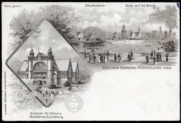 1896 LITHO AK BERLINER GEWERBE AUSSTELLUNG  - KARPFENTEICH – BLICK AUF ALT BERLIN – GEBÄUDE FÜR SCHUL & WOHLFAHRT - Treptow