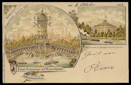 1896 LITHO AK BERLINER GEWERBE AUSSTELLUNG  - HAUPT RESTAURANT MIT WASSERTURM & SCHEINWERFER – PANORAMA ALPENFAHRT - Treptow