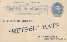 New-York : Carte De Visite : Retsel HATS : D.B. Lester : Chapelier  1890 ///  Ref. Déc. 21 /// N° 18.261 - Broadway
