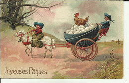 Carte  Fantaisie  - Paques - Attelage De Moutons - Transport D'Oeufs - Poule Sur Le Convoi - Gaufrée - - Ostern