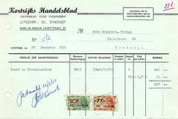 Factuur Kortrijks Handelsblad Kortrijk 1954 - Druck & Papierwaren