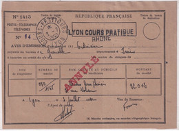 1952 - COURS PRATIQUES De LYON - OBLITERATION ! Sur AVIS D'EMISSION D'un MANDAT (VOIR DOS) ! - Instructional Courses