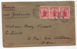 NOUVELLE ZELANDE - NEW ZEALAND / 1911 BANDE DE 3 SUR LETTRE POUR LA FRANCE (ref 8779) - Storia Postale