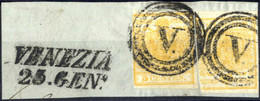 O/piece 1850, 5 Cent. Giallo Arancio, Frammento Con Due Esemplari Timbrati Con Annullo Muto Di Venezia, Due Margini Tocc - Lombardy-Venetia
