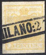 O 1850, 5 Cent. Giallo Ocra, Usato, Cert. Steiner (Sass. 1) - Lombardy-Venetia