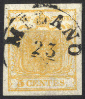 O 1850, 5 Cent. Giallo Arancio, Cert. Goller (Sass. 1g) - Lombardy-Venetia