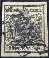 O 1850, 10 Cent. Nero, Usato, Cert. Strakosch (Sass. 2) - Lombardy-Venetia