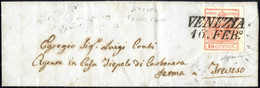 O/cover 1850, "Pieghe Di Carta", 15 Cent. Rosso Con Tre Pieghe Diagonali, Su Lettera Da Venezia 16.2.1851 Per Treviso, F - Lombardy-Venetia