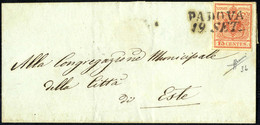 O/cover 1850, 15 Cent. Rosso Carminio, Prima Tiratura, Su Lettera Da Padova, Firm. Sorani (Sass. 3b - ANK 3HI - Erstdruc - Lombardy-Venetia