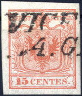 O 1850, 15 Cent. Rosso Vermiglio, I°tipo, Prima Tiratura Sua Carta Sottile, Timbrato, Splendido, Cert. Steiner, Sass. 3 - Lombardy-Venetia