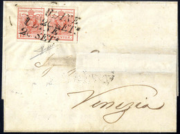 O/cover 1850, 15 Cent. Rosso, Primo Tipo, Coppia Su Lettera Da Udine, Firm. Sorani (Sass. 3 - ANK 3HI) - Lombardy-Venetia